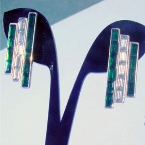 Vintage Givenchy Rhinestone Baguette Signed Green  Clip on Earrings